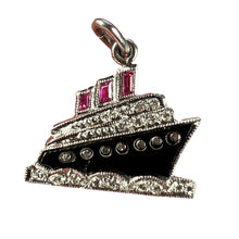 Load image into Gallery viewer, Art Deco Ocean Liner Steam Ship Boat Platinum Diamond Ruby Onyx Charm Pendant