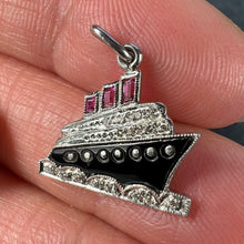Load image into Gallery viewer, Art Deco Ocean Liner Steam Ship Boat Platinum Diamond Ruby Onyx Charm Pendant