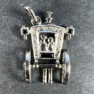 Art Deco Platinum Diamond Onyx Just Married Carriage Charm Pendant