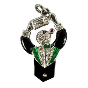 Art Deco Platinum Diamond Onyx Emerald Ruby Cocktail Waiter Charm Pendant