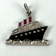 Load image into Gallery viewer, Art Deco Ocean Liner Steam Ship Boat Platinum Diamond Ruby Onyx Charm Pendant