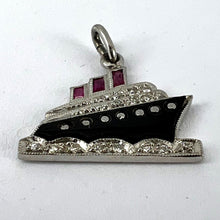 Load image into Gallery viewer, Art Deco Ocean Liner Steam Ship Boat Platinum Diamond Ruby Onyx Charm Pendant