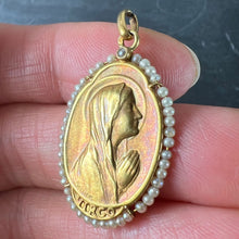 Load image into Gallery viewer, Antique French Sellier Virgin Mary 18K Yellow Gold Seed Pearl Medal Pendant