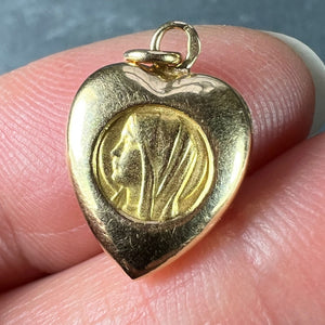 French Puffy Heart Virgin Mary 18K Yellow Gold Charm Pendant