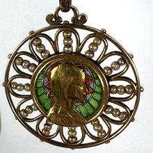 Load image into Gallery viewer, Antique French Virgin Mary 18K Yellow Gold Plique-a-Jour Enamel Pearl Pendant Medal