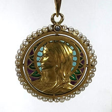 Load image into Gallery viewer, Antique French Virgin Mary 18K Yellow Gold Plique-a-Jour Enamel Pearl Pendant Medal