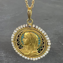 Load image into Gallery viewer, Antique French Virgin Mary 18K Yellow Gold Plique-a-Jour Enamel Pearl Pendant Medal