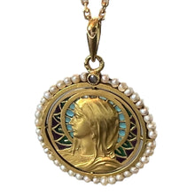 Load image into Gallery viewer, Antique French Virgin Mary 18K Yellow Gold Plique-a-Jour Enamel Pearl Pendant Medal
