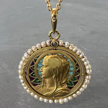 Load image into Gallery viewer, Antique French Virgin Mary 18K Yellow Gold Plique-a-Jour Enamel Pearl Pendant Medal
