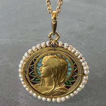 Load image into Gallery viewer, Antique French Virgin Mary 18K Yellow Gold Plique-a-Jour Enamel Pearl Pendant Medal