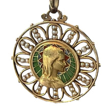 Load image into Gallery viewer, Antique French Virgin Mary 18K Yellow Gold Plique-a-Jour Enamel Pearl Pendant Medal