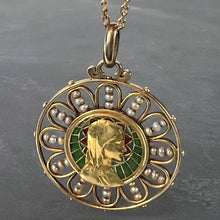 Load image into Gallery viewer, Antique French Virgin Mary 18K Yellow Gold Plique-a-Jour Enamel Pearl Pendant Medal