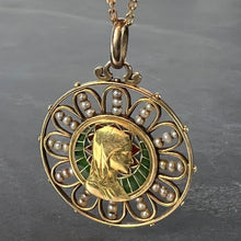 Load image into Gallery viewer, Antique French Virgin Mary 18K Yellow Gold Plique-a-Jour Enamel Pearl Pendant Medal