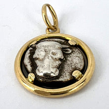 Load image into Gallery viewer, Ancient Silver Bull Head and Artemis Greek Coin in 18K Yellow Gold Frame Pendant