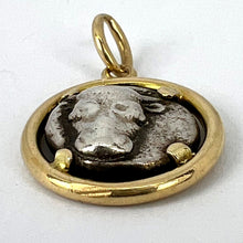 Load image into Gallery viewer, Ancient Silver Bull Head and Artemis Greek Coin in 18K Yellow Gold Frame Pendant