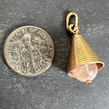 Load image into Gallery viewer, 18 Karat Yellow Gold Ridged Bell with Rose Quartz Bead Charm Pendant