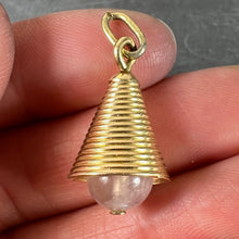 Load image into Gallery viewer, 18 Karat Yellow Gold Ridged Bell with Rose Quartz Bead Charm Pendant
