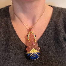 Load image into Gallery viewer, Large French 18K Yellow Gold Ruby Rose Quartz Lapis Buddha Pendant