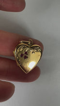 Load and play video in Gallery viewer, French 18K Yellow Gold Red Ruby Heart Locket Flower Charm Pendant