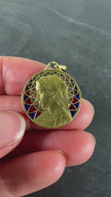 Load and play video in Gallery viewer, French E Dropsy Virgin Mary Plique A Jour Enamel 18K Yellow Gold Pendant Medal
