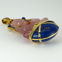 Load image into Gallery viewer, Large French 18K Yellow Gold Ruby Rose Quartz Lapis Buddha Pendant