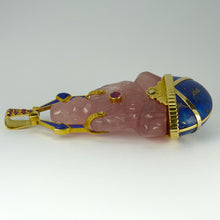 Load image into Gallery viewer, Large French 18K Yellow Gold Ruby Rose Quartz Lapis Buddha Pendant