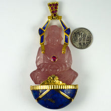 Load image into Gallery viewer, Large French 18K Yellow Gold Ruby Rose Quartz Lapis Buddha Pendant