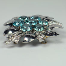 Load image into Gallery viewer, Blue Zircon White Diamond Platinum Flower Brooch
