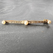 Load image into Gallery viewer, Natural White Pearl and Diamond 18K Yellow Gold Bar Brooch