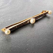 Load image into Gallery viewer, Natural White Pearl and Diamond 18K Yellow Gold Bar Brooch