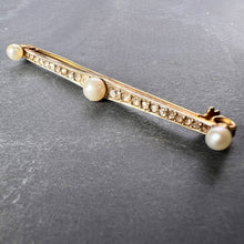 Load image into Gallery viewer, Natural White Pearl and Diamond 18K Yellow Gold Bar Brooch