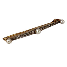 Load image into Gallery viewer, Natural White Pearl and Diamond 18K Yellow Gold Bar Brooch