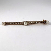 Load image into Gallery viewer, Natural White Pearl and Diamond 18K Yellow Gold Bar Brooch