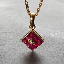 Load image into Gallery viewer, Ruby Diamond 18K Yellow Gold Angled Square Cluster Pendant