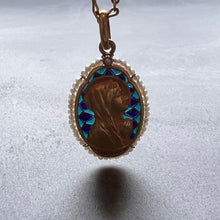 Load image into Gallery viewer, French Sellier Virgin Mary 18K Yellow Gold Enamel Pearl Pendant Necklace