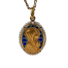 Load image into Gallery viewer, French Sellier Virgin Mary 18K Yellow Gold Enamel Pearl Pendant Necklace
