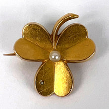Load image into Gallery viewer, French Clover 18K Yellow Gold Pearl Diamond Pendant Brooch