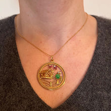 Load image into Gallery viewer, Large Vintage Bird Home Sweet Home 14K Yellow Gold Diamond Ruby Jade Charm Pendant