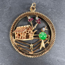 Load image into Gallery viewer, Large Yellow Gold Diamond Red Ruby Green Jade Bird Home Sweet Home Charm Pendant
