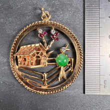 Load image into Gallery viewer, Large Vintage Bird Home Sweet Home 14K Yellow Gold Diamond Ruby Jade Charm Pendant