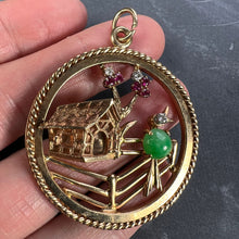 Load image into Gallery viewer, Large Vintage Bird Home Sweet Home 14K Yellow Gold Diamond Ruby Jade Charm Pendant