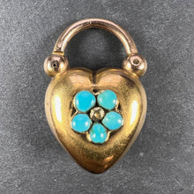 Load image into Gallery viewer, Antique Victorian Padlock Heart Turquoise Yellow Gold Mourning Locket Pendant