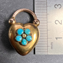Load image into Gallery viewer, Antique Victorian Padlock Heart Turquoise Yellow Gold Mourning Locket Pendant