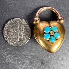 Load image into Gallery viewer, Antique Victorian Padlock Heart Turquoise Yellow Gold Mourning Locket Pendant