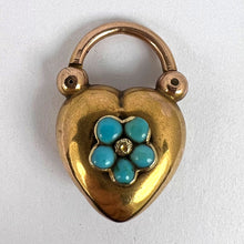 Load image into Gallery viewer, Antique Victorian Padlock Heart Turquoise Yellow Gold Mourning Locket Pendant
