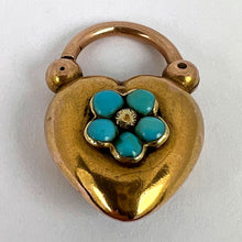 Load image into Gallery viewer, Antique Victorian Padlock Heart Turquoise Yellow Gold Mourning Locket Pendant