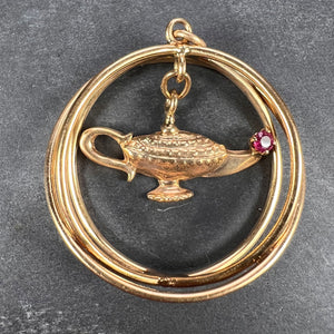 Yellow Gold Red Ruby Genie Lamp Kinetic Large Charm Pendant