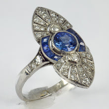 Load image into Gallery viewer, French White Diamond Blue Sapphire Platinum Ring
