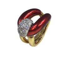 Load image into Gallery viewer, 1960s Vourakis Red Enamel Pave Diamond Gold Buckle Ring
