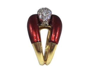 1960s Vourakis Red Enamel Pave Diamond Gold Buckle Ring